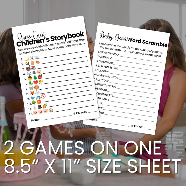 Printable baby shower game bundle - 4 fun games - 2 per 8.5x11 sheet - trimmed size 5x7 - instant download pdf