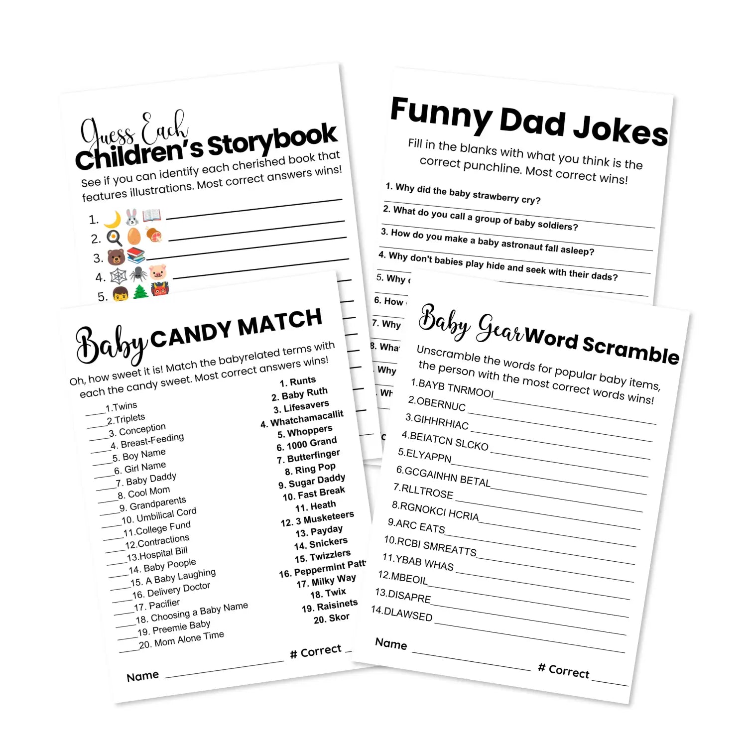 Printable baby shower game bundle - 4 fun games - 2 per 8.5x11 sheet - trimmed size 5x7 - instant download pdf