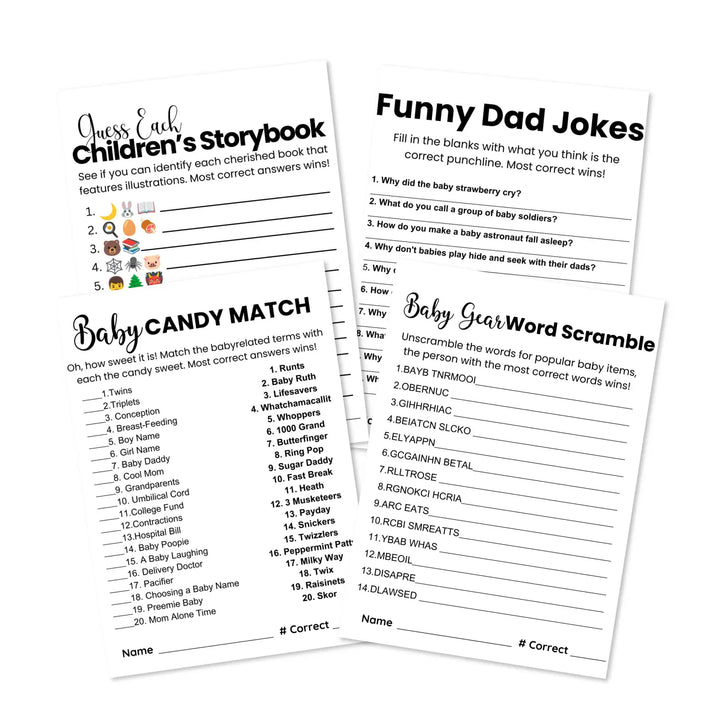 Printable baby shower game bundle - 4 fun games - 2 per 8.5x11 sheet - trimmed size 5x7 - instant download pdf