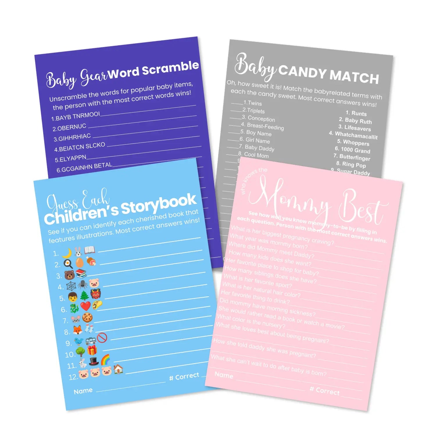 Printable baby shower game bundle - 4 fun games - instant download pdf - luna moon collection - partry