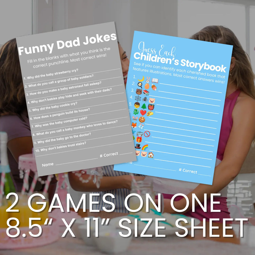 Printable baby shower game bundle - over under guess who emoticon storybook funny dad jokes - instant download pdf