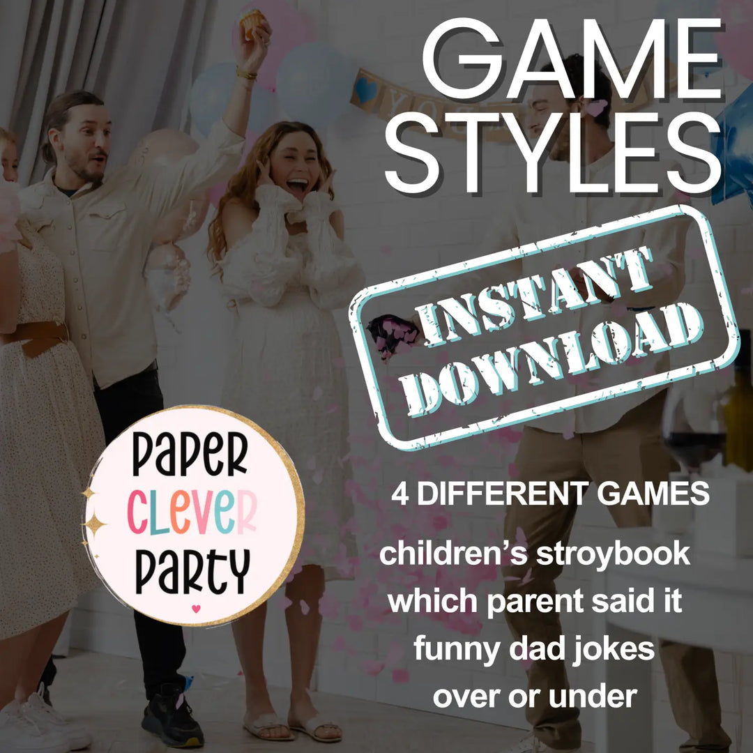 Printable baby shower game bundle - over under guess who emoticon storybook funny dad jokes - instant download pdf