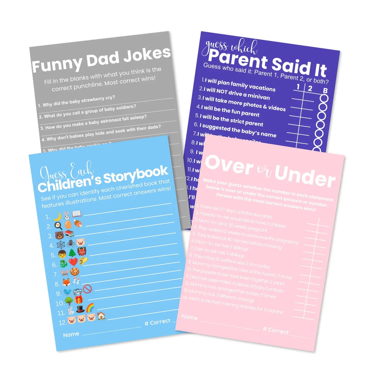 Printable baby shower game bundle - over under guess who emoticon storybook funny dad jokes - instant download pdf
