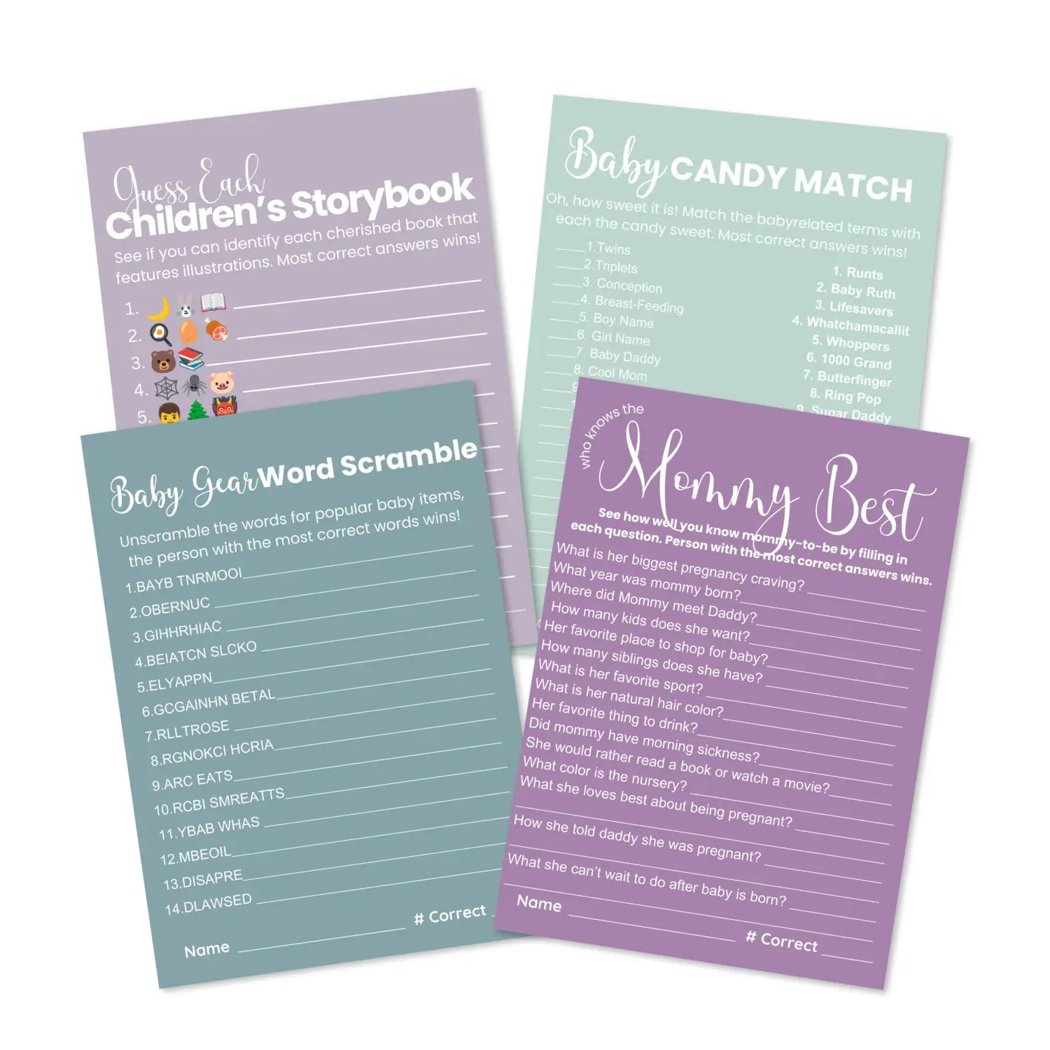 Printable baby shower game instant downloads - mommy best word scramble emoticon guess candy matching - purple and teal