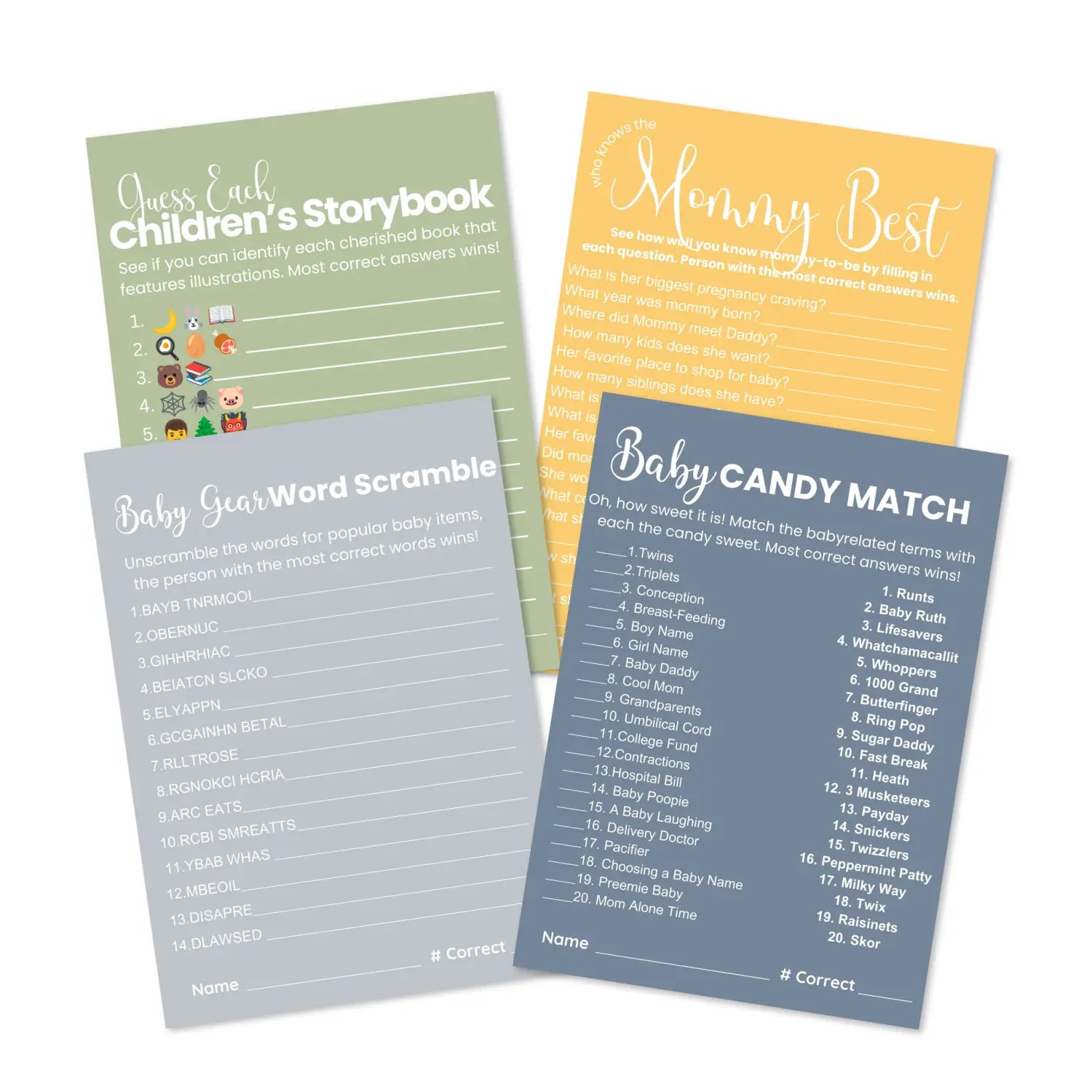 Printable baby shower game instant downloads - mommy best word scramble emoticon guess candy matching - celestial theme