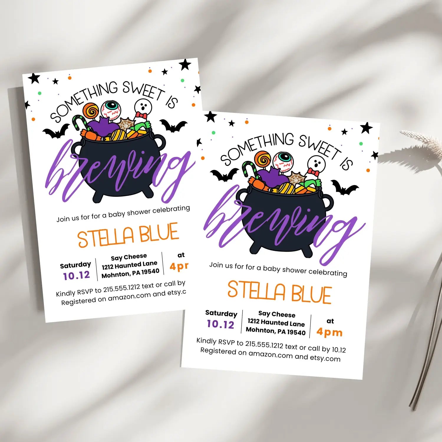 Printed halloween invitations for baby shower or gender reveal is brewing invites 5x7 inches fully customizable girls