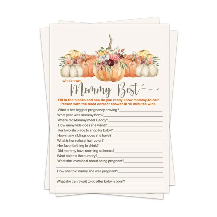 Pumpkin baby shower games mommy best fall gender reveal party activities boy or girl - rustic 5x7 cards 25 guest pack