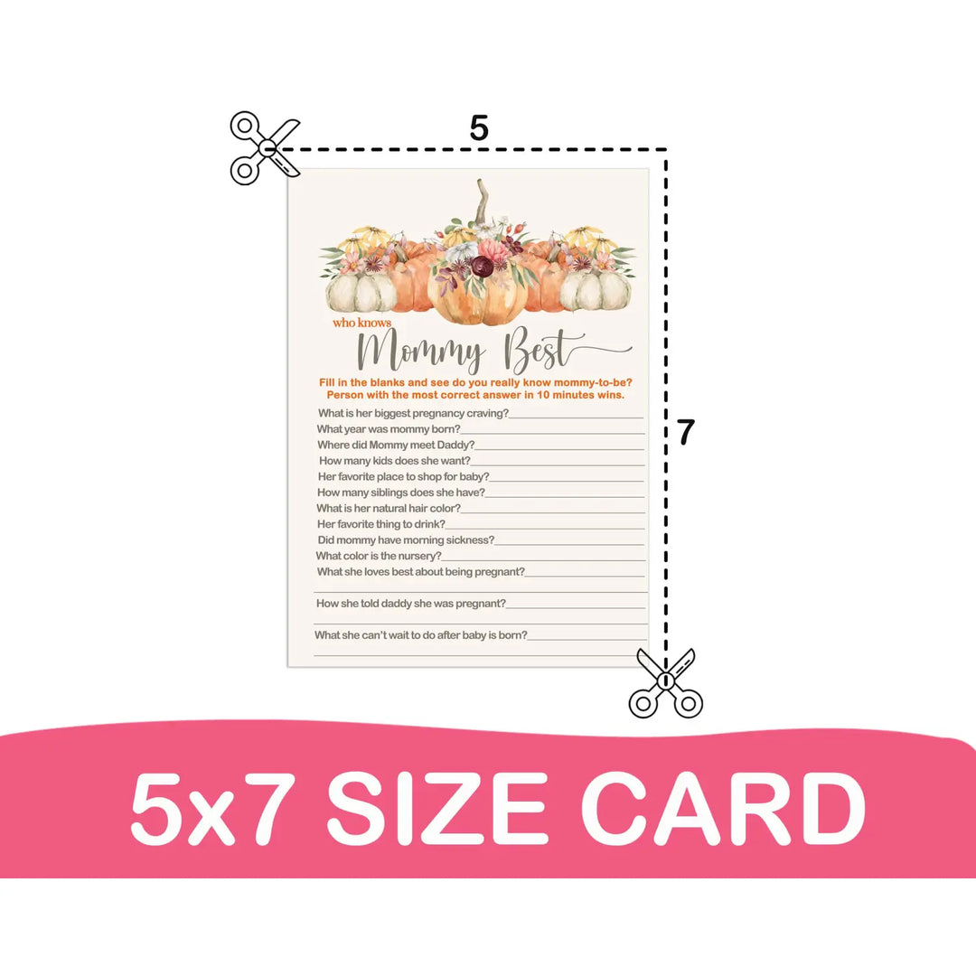 Pumpkin baby shower games mommy best fall gender reveal party activities boy or girl - rustic 5x7 cards 25 guest pack