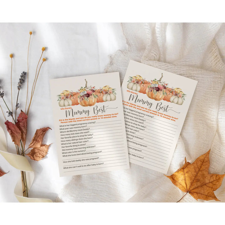 Pumpkin baby shower games mommy best fall gender reveal party activities boy or girl - rustic 5x7 cards 25 guest pack