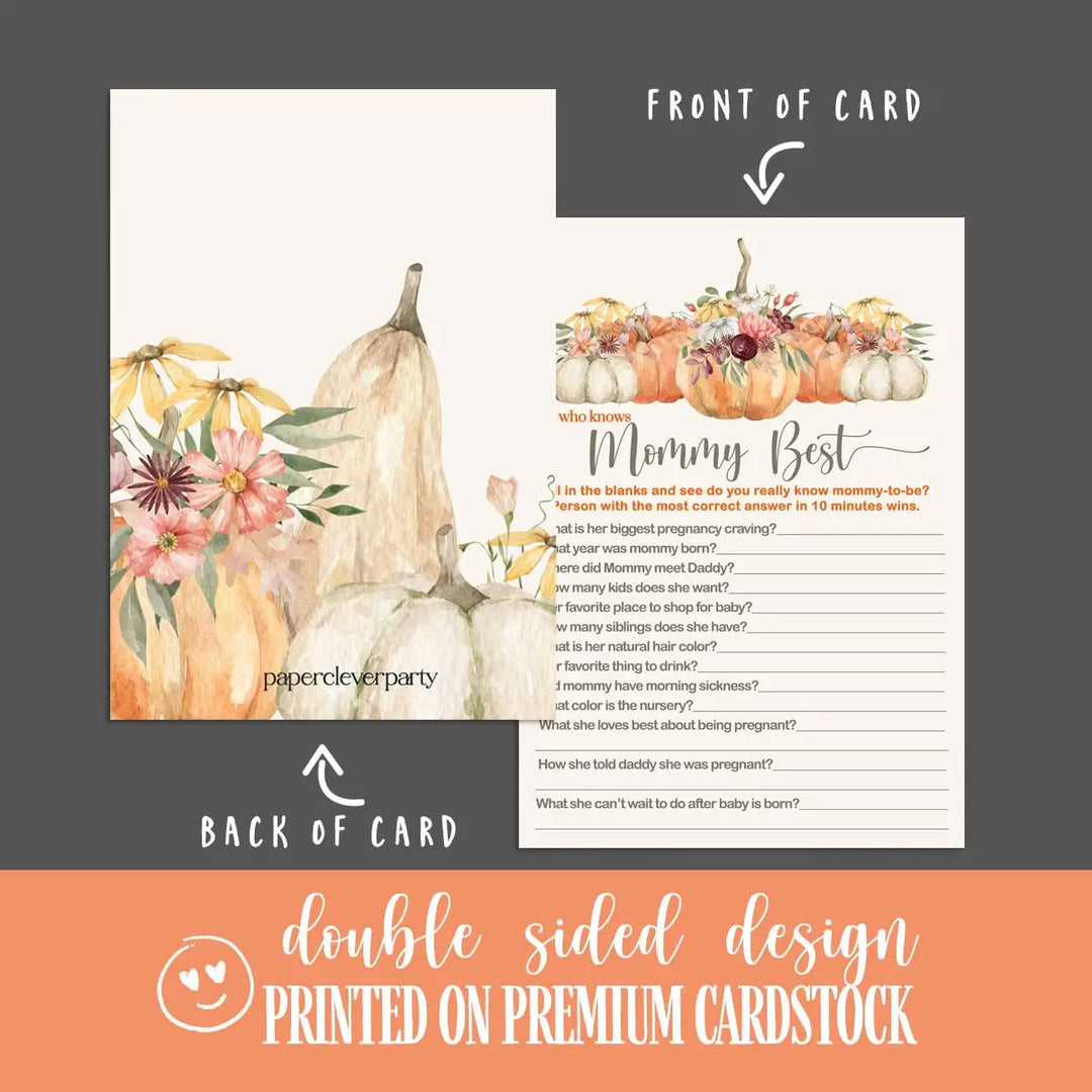 Pumpkin baby shower games mommy best fall gender reveal party activities boy or girl - rustic 5x7 cards 25 guest pack