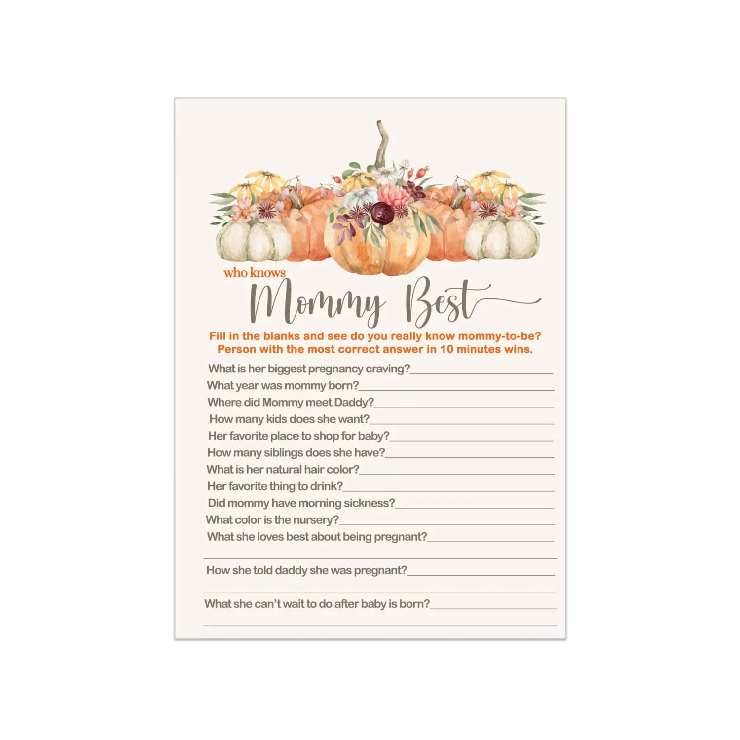 Pumpkin baby shower games mommy best fall gender reveal party activities boy or girl - rustic 5x7 cards 25 guest pack