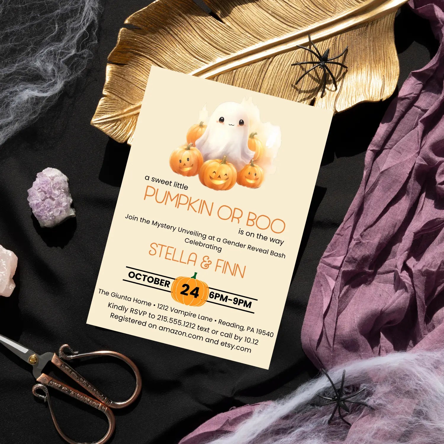 Pumpkin or boo gender reveal invitations neutral baby shower invites custom printed printable digital files