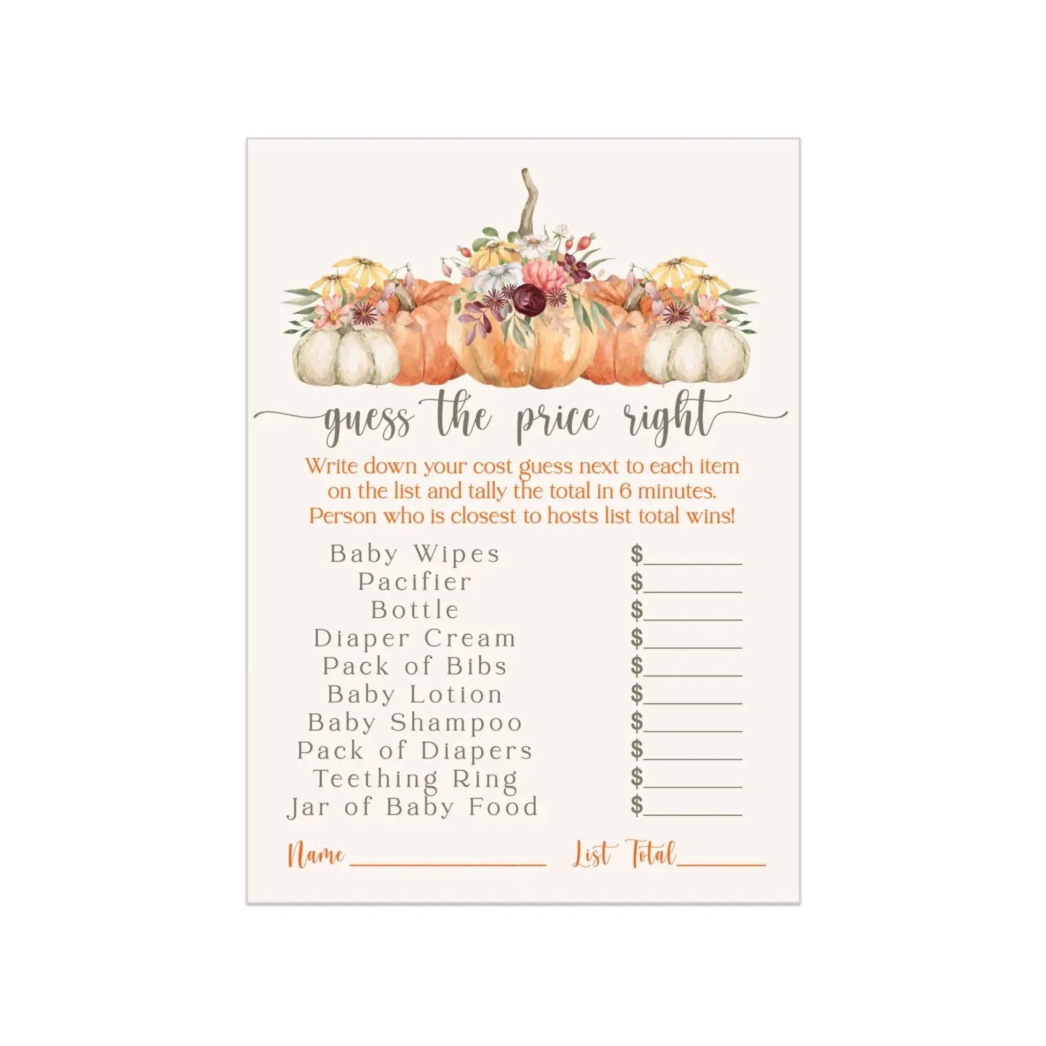 Pumpkin guess the price game gender-neutral 5x7 cards 25-pack - party games
