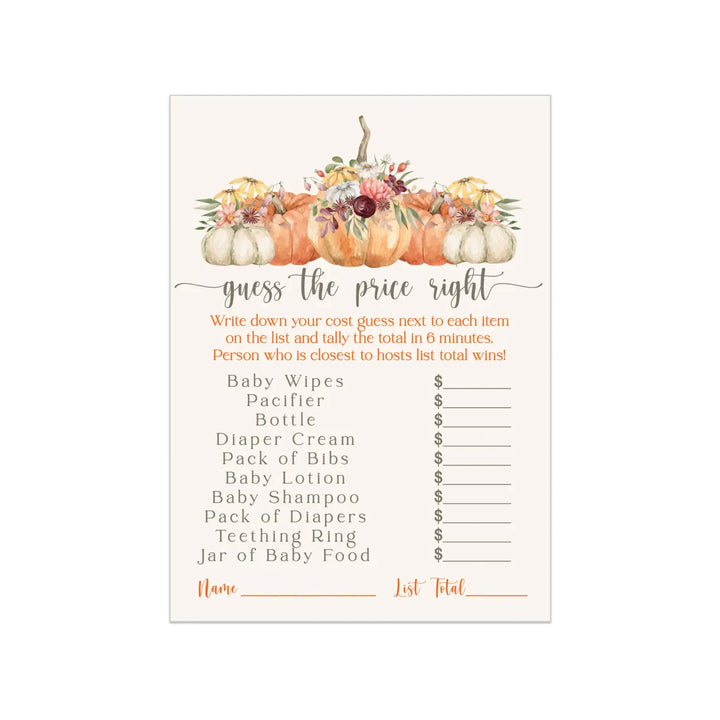 Pumpkin guess the price game gender-neutral 5x7 cards 25-pack - party games