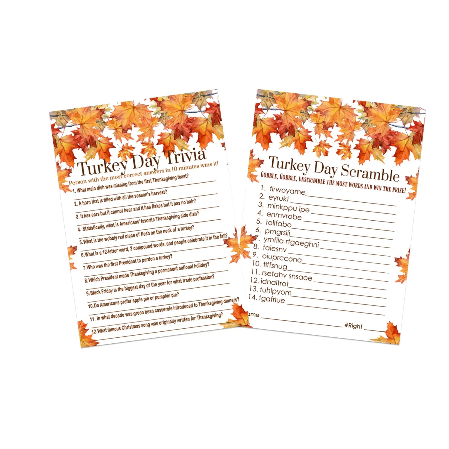 Pumpkin-themed thanksgiving trivia & word game bundle - 2-in-1 turkey dinner scramble - 25 guests - party games