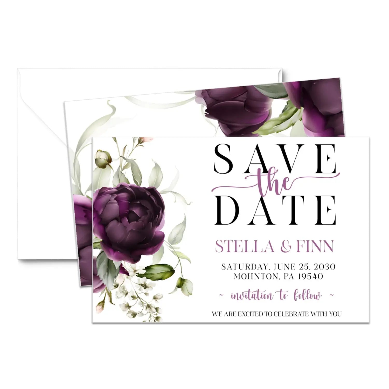 Purple passion save the date cards 3.5x5 & 4bar sizes printable printed options wedding event announcements