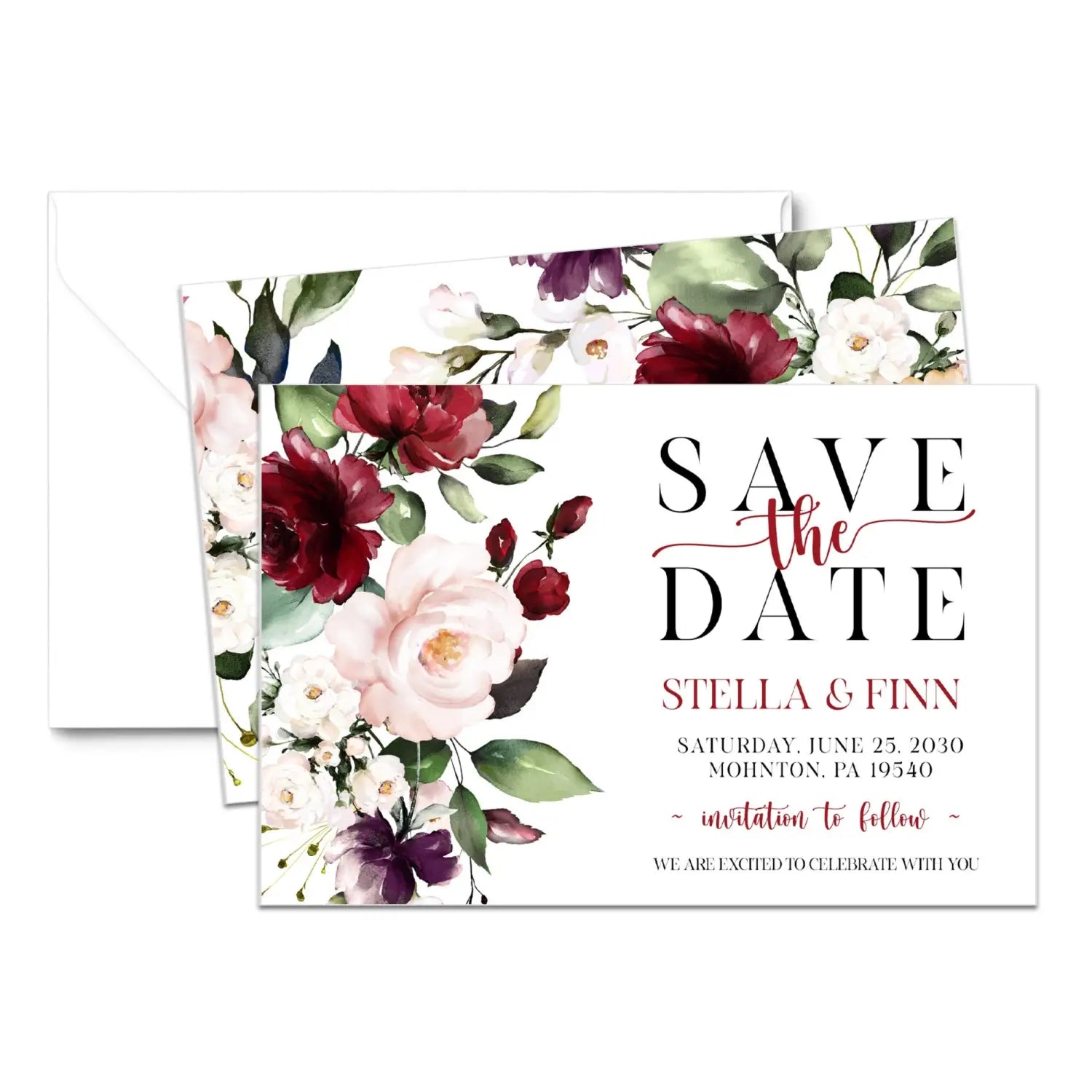 Red roses save the date cards 3.5x5 & 4bar sizes printable printed options wedding event announcements - invitations