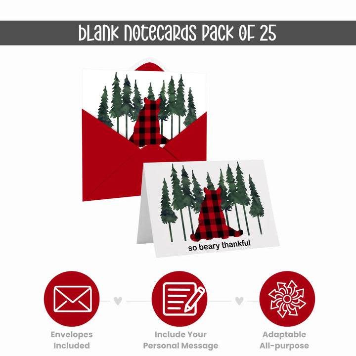 Rustic bear thank you cards for boys - red envelopes included 25-pack 4x6 folded notecards - office product