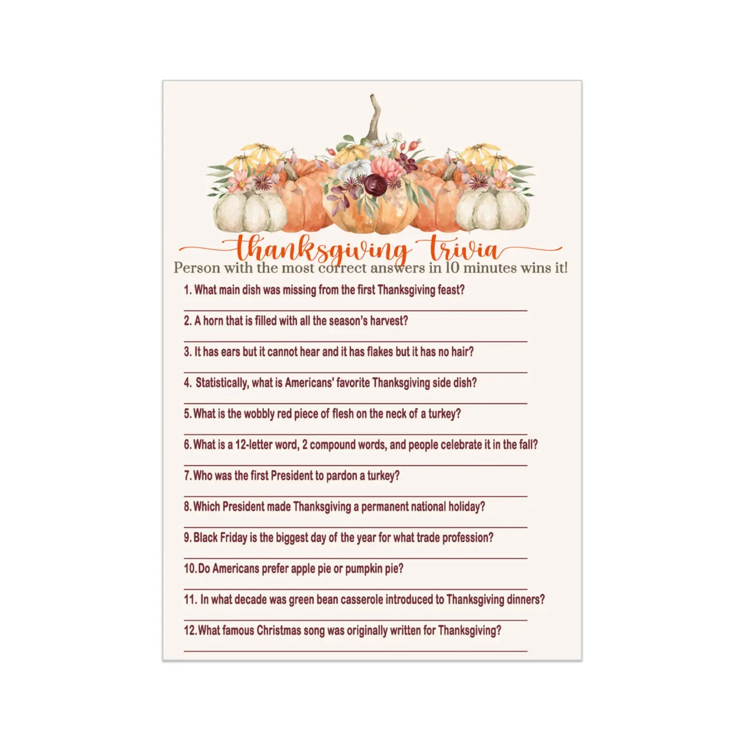 Rustic thanksgiving trivia game - fun party activity for adults family & friendsgiving - pumpkin floral design - 25