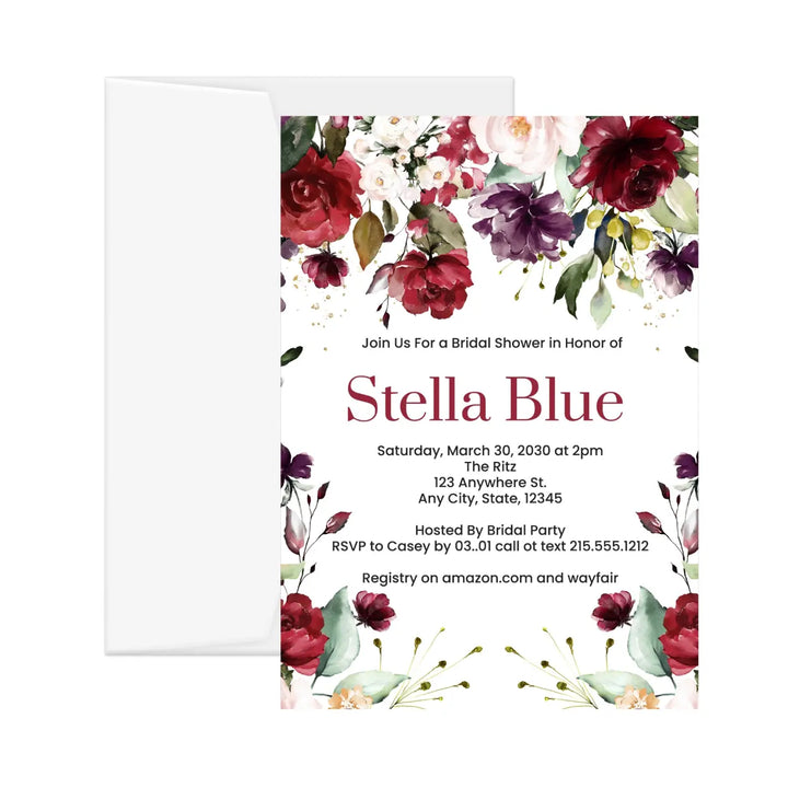 Elegant red roses & blush floral personalized invitations for weddings showers and special celebrations