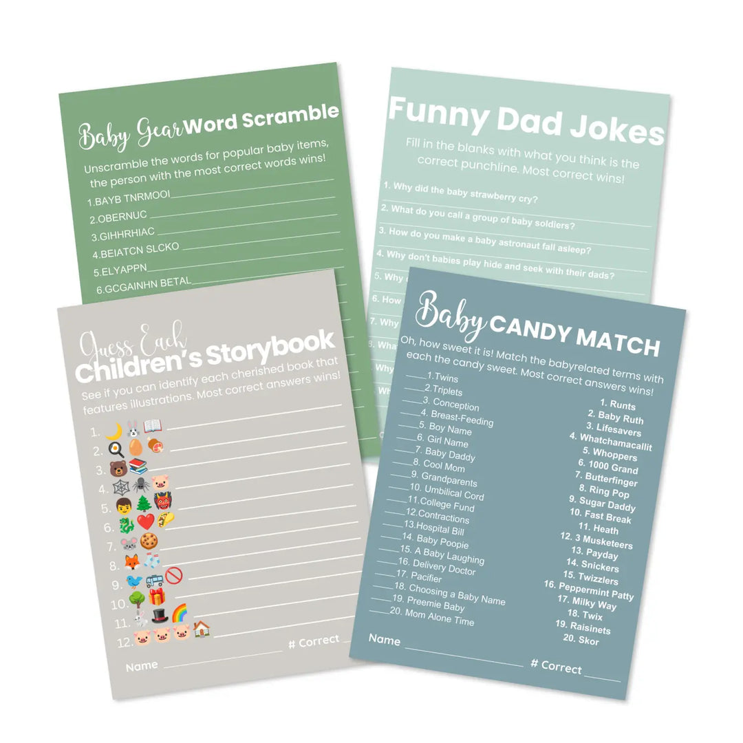 Seaglass printable baby shower game bundle - 4 fun games - instant download pdf with answer keys - partry