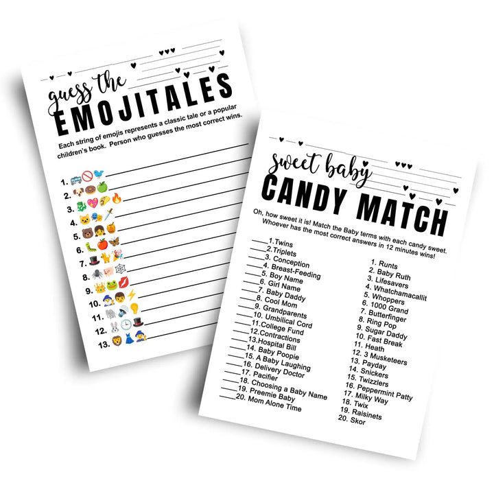 Sophisticated 2-in-1 baby shower game bundle - match the candy bar & guess storybook - 25 pack - party games