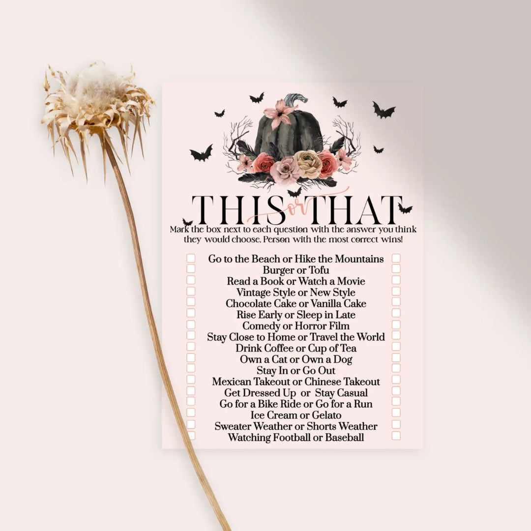 Spooky chic gothic bridal shower game - would she rather - pink & black pumpkin design - 25 guests - party games