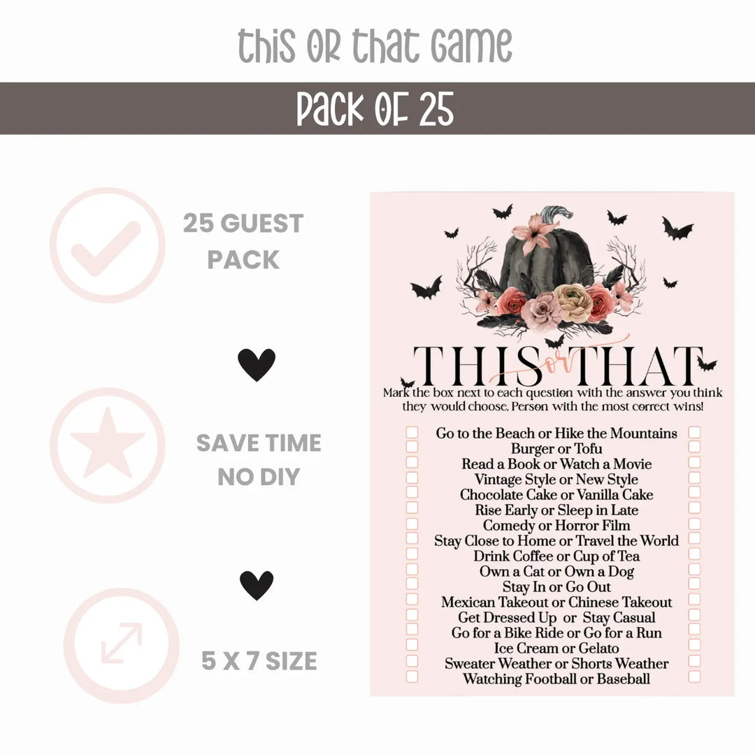 Spooky chic gothic bridal shower game - would she rather - pink & black pumpkin design - 25 guests - party games