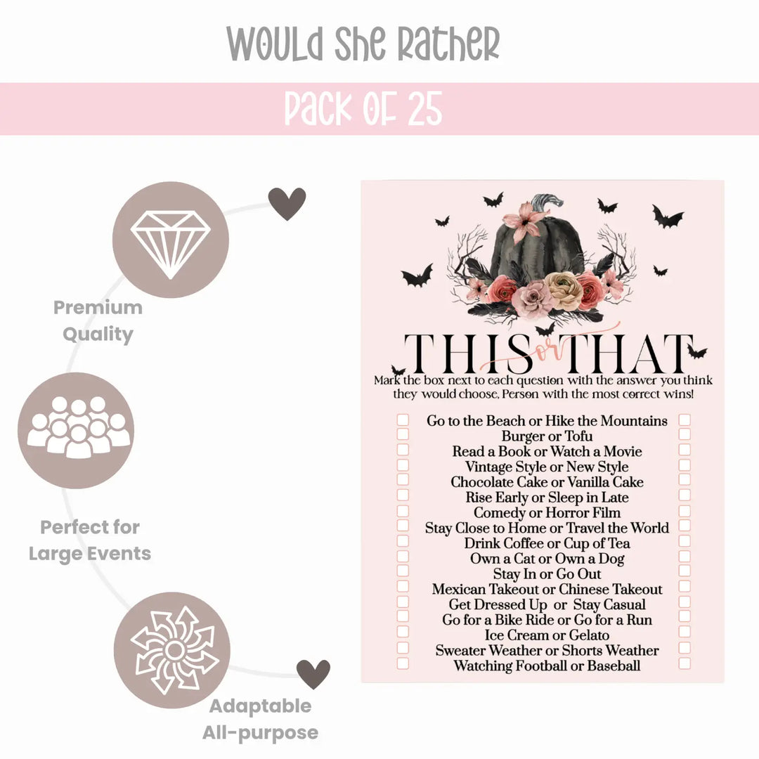 Spooky chic gothic bridal shower game - would she rather - pink & black pumpkin design - 25 guests - party games