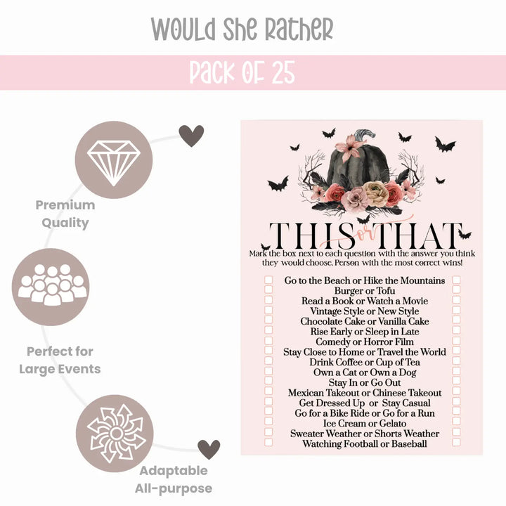 Spooky chic gothic bridal shower game - would she rather - pink & black pumpkin design - 25 guests - party games