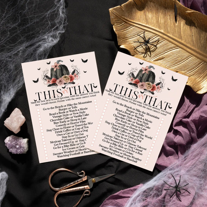 Spooky chic gothic bridal shower game - would she rather - pink & black pumpkin design - 25 guests - party games