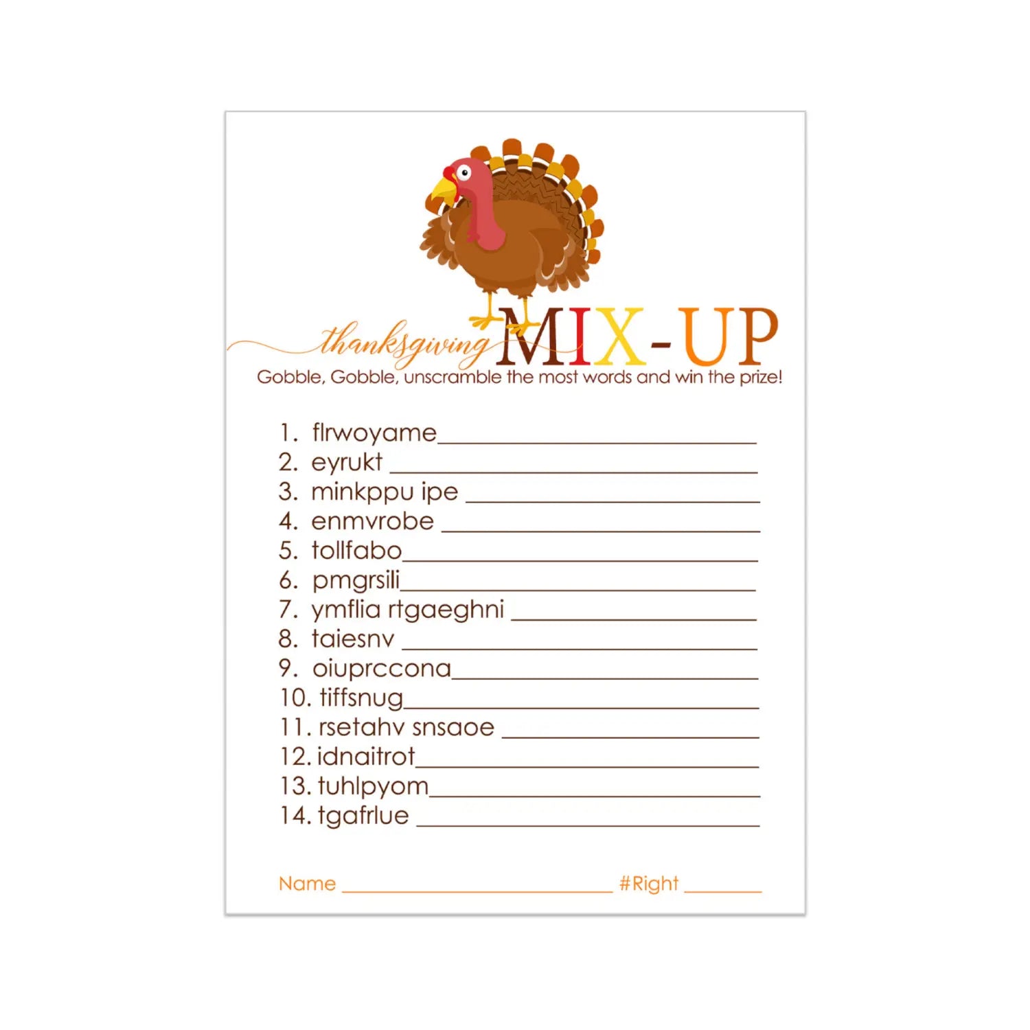Thanksgiving word scramble game - fun party activity for adults & kids - turkey pumpkin leaves theme - 25 guests - games