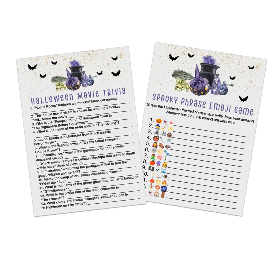 Trouble brewing halloween party game bundle - 2-in-1 emojitales & spooky movie trivia - witch cauldron bats design - 25