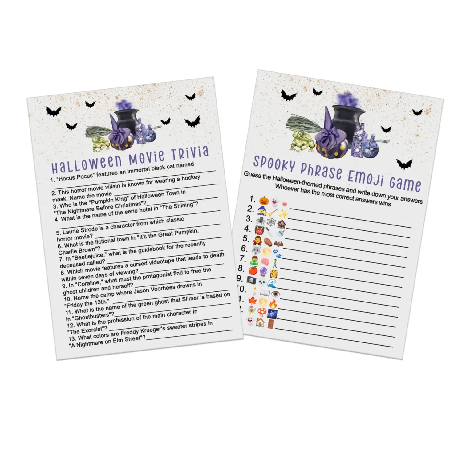 Trouble brewing halloween party game bundle - 2-in-1 emojitales & spooky movie trivia - witch cauldron bats design - 25