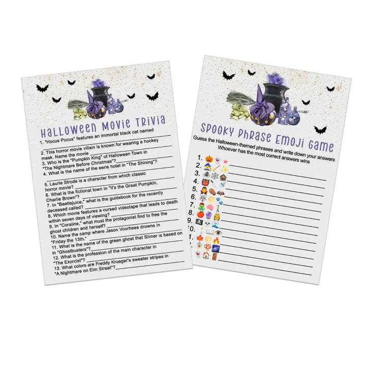 Trouble brewing halloween party game bundle - 2-in-1 emojitales & spooky movie trivia - witch cauldron bats design - 25