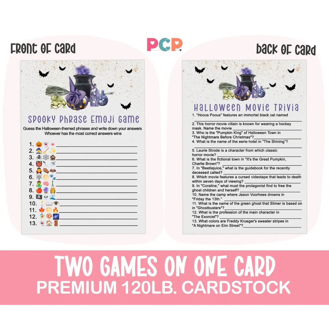 Trouble brewing halloween party game bundle - 2-in-1 emojitales & spooky movie trivia - witch cauldron bats design - 25