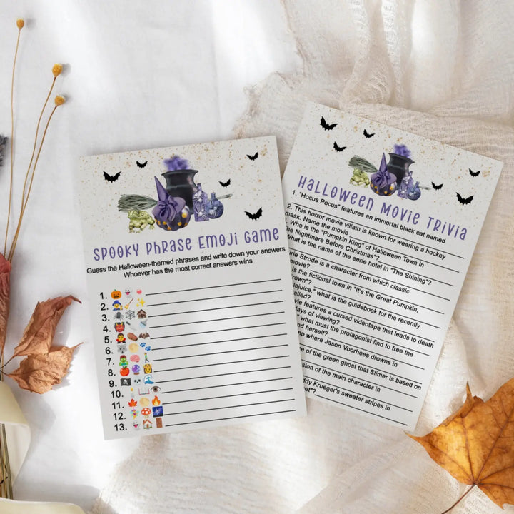 Trouble brewing halloween party game bundle - 2-in-1 emojitales & spooky movie trivia - witch cauldron bats design - 25