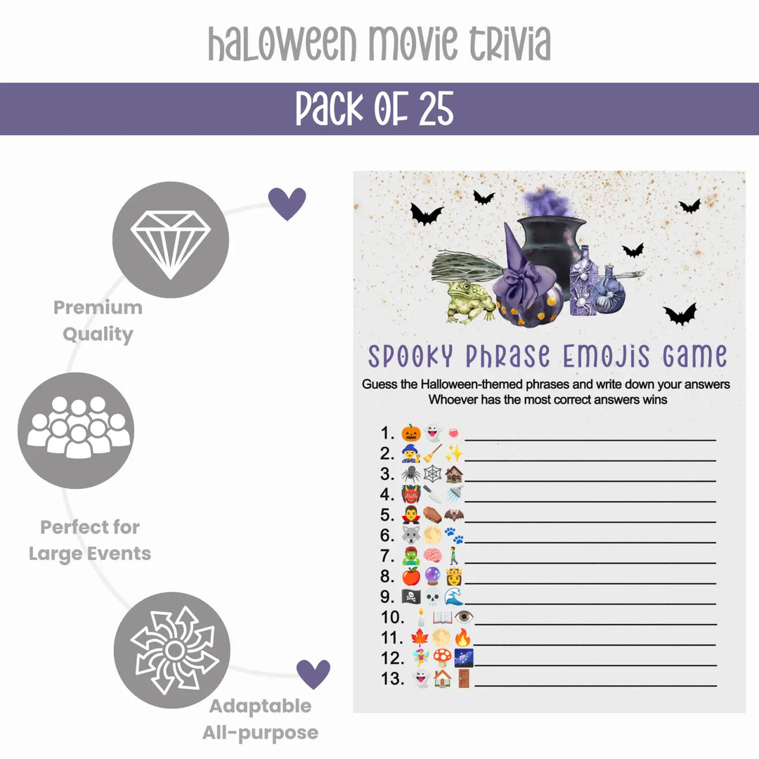 Trouble brewing halloween party game bundle - 2-in-1 emojitales & spooky movie trivia - witch cauldron bats design - 25
