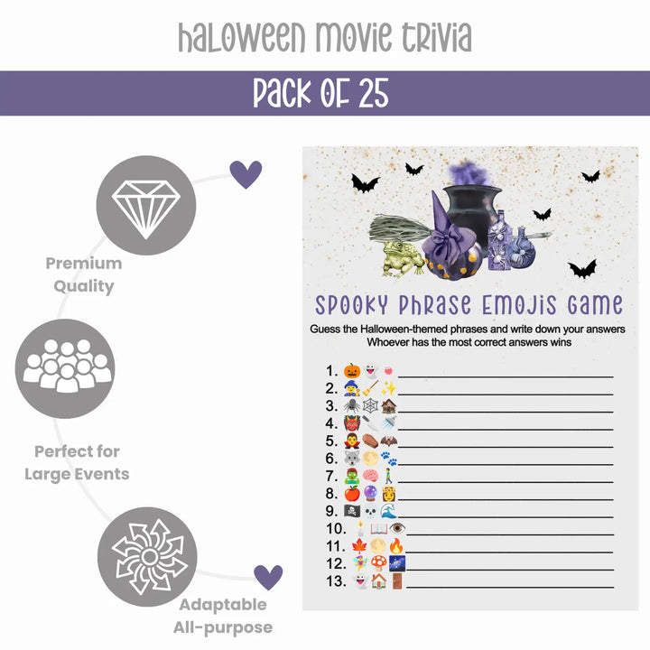 Trouble brewing halloween party game bundle - 2-in-1 emojitales & spooky movie trivia - witch cauldron bats design - 25