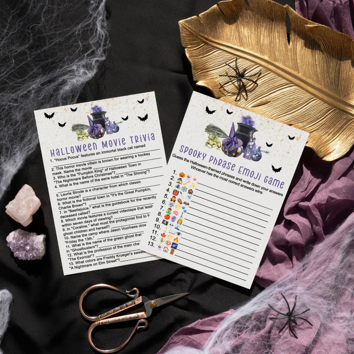 Trouble brewing halloween party game bundle - 2-in-1 emojitales & spooky movie trivia - witch cauldron bats design - 25