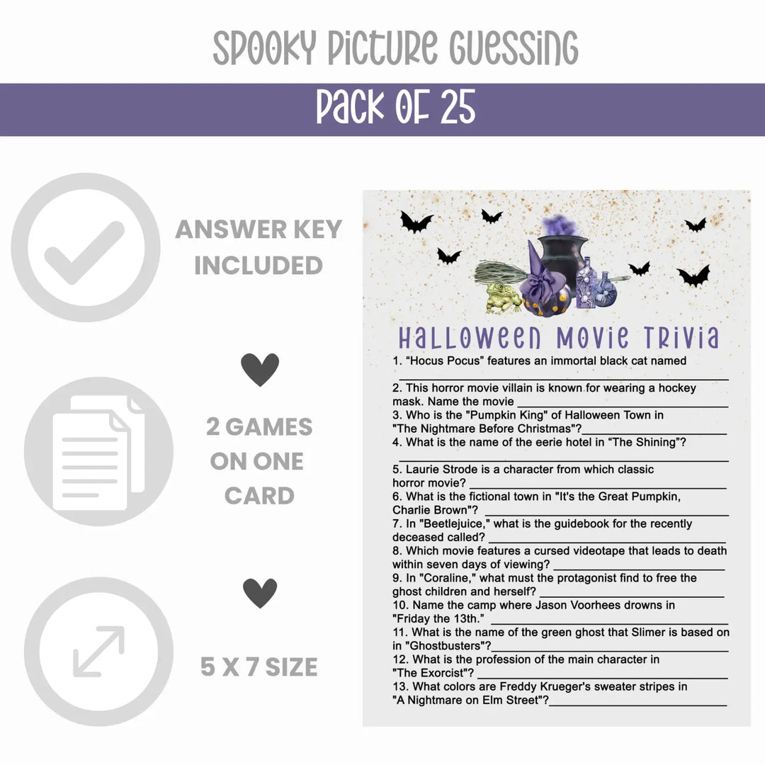 Trouble brewing halloween party game bundle - 2-in-1 emojitales & spooky movie trivia - witch cauldron bats design - 25