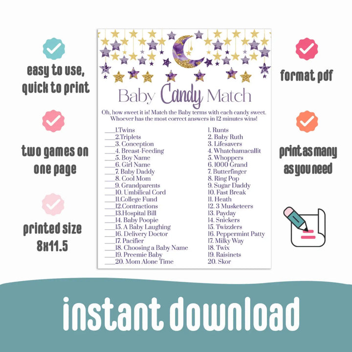 Twinkle little star candy bar match baby shower game printable instant download purple and gold - party games