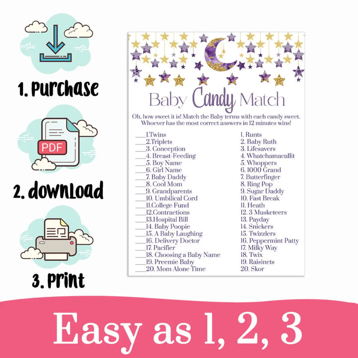 Twinkle little star candy bar match baby shower game printable instant download purple and gold - party games