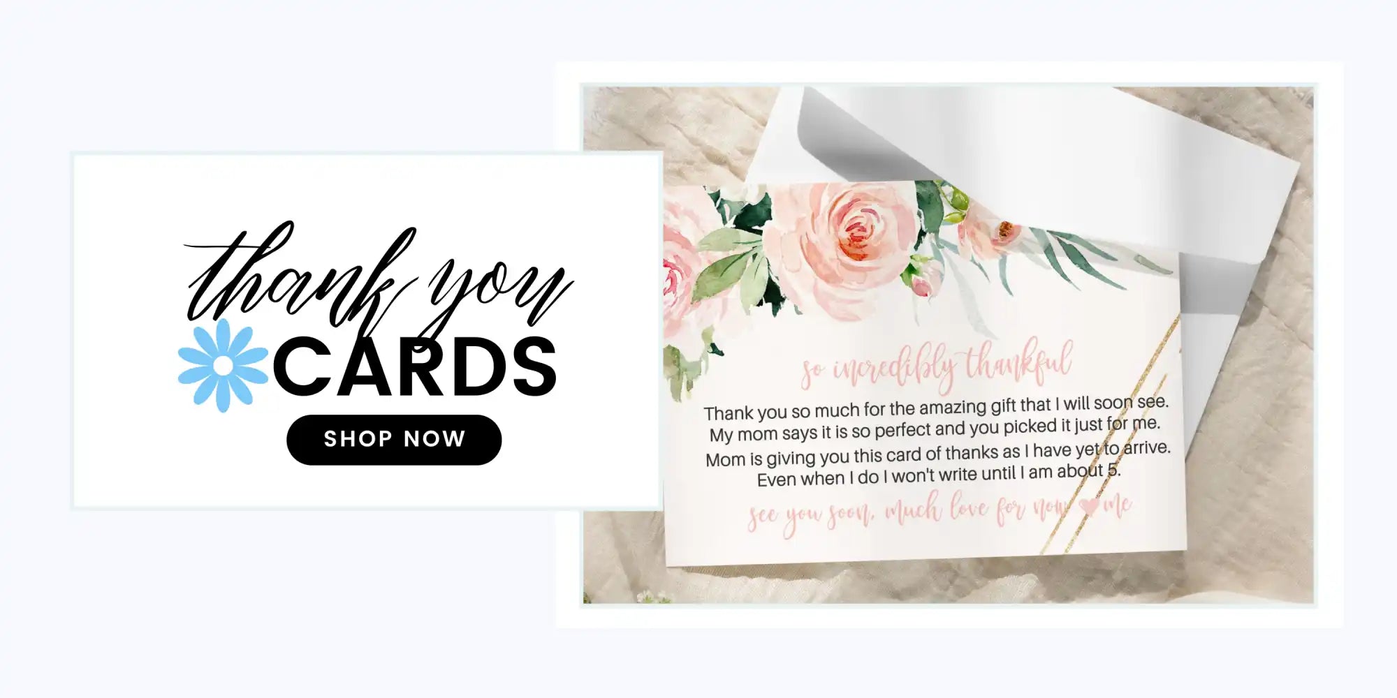 Two thank you cards, one with a ’Shop Now’ button and the other with a floral design and handwritten message.