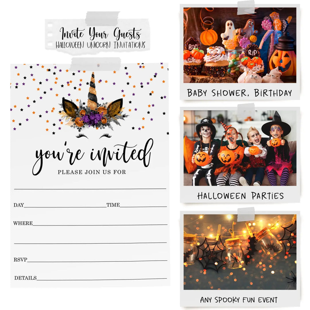 Unicorn halloween invitations with envelopes for girls baby shower birthday customize party details 25 pack 5x7 set