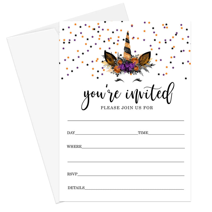 Unicorn halloween invitations with envelopes for girls baby shower birthday customize party details 25 pack 5x7 set