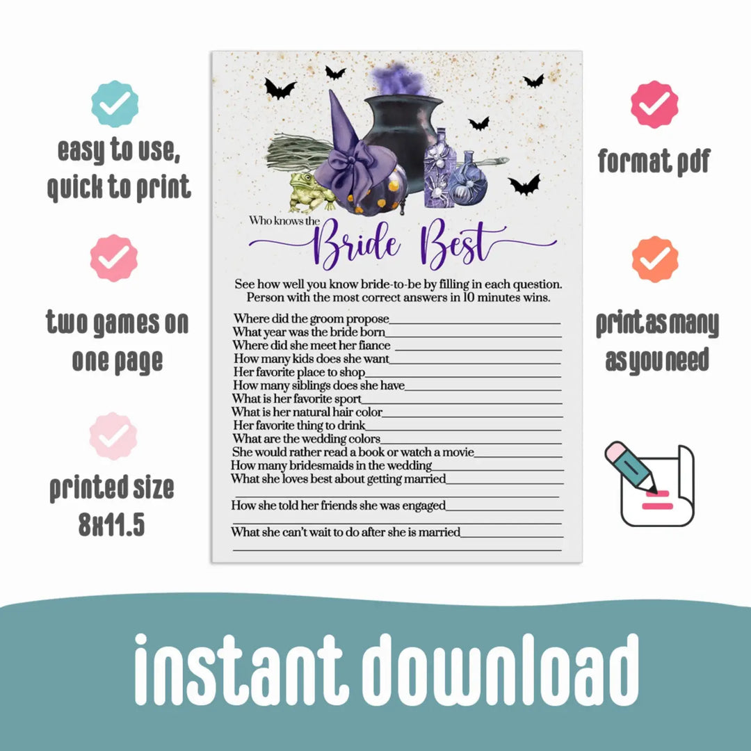 Witch is getting hitched who knows the bride best bridal shower trivia game instant pdf printable download halloween