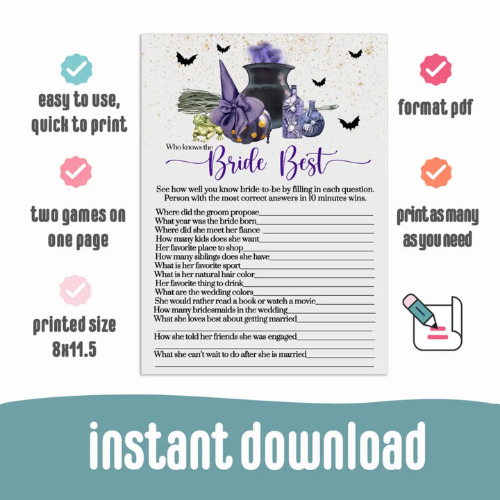 Witch is getting hitched who knows the bride best bridal shower trivia game instant pdf printable download halloween