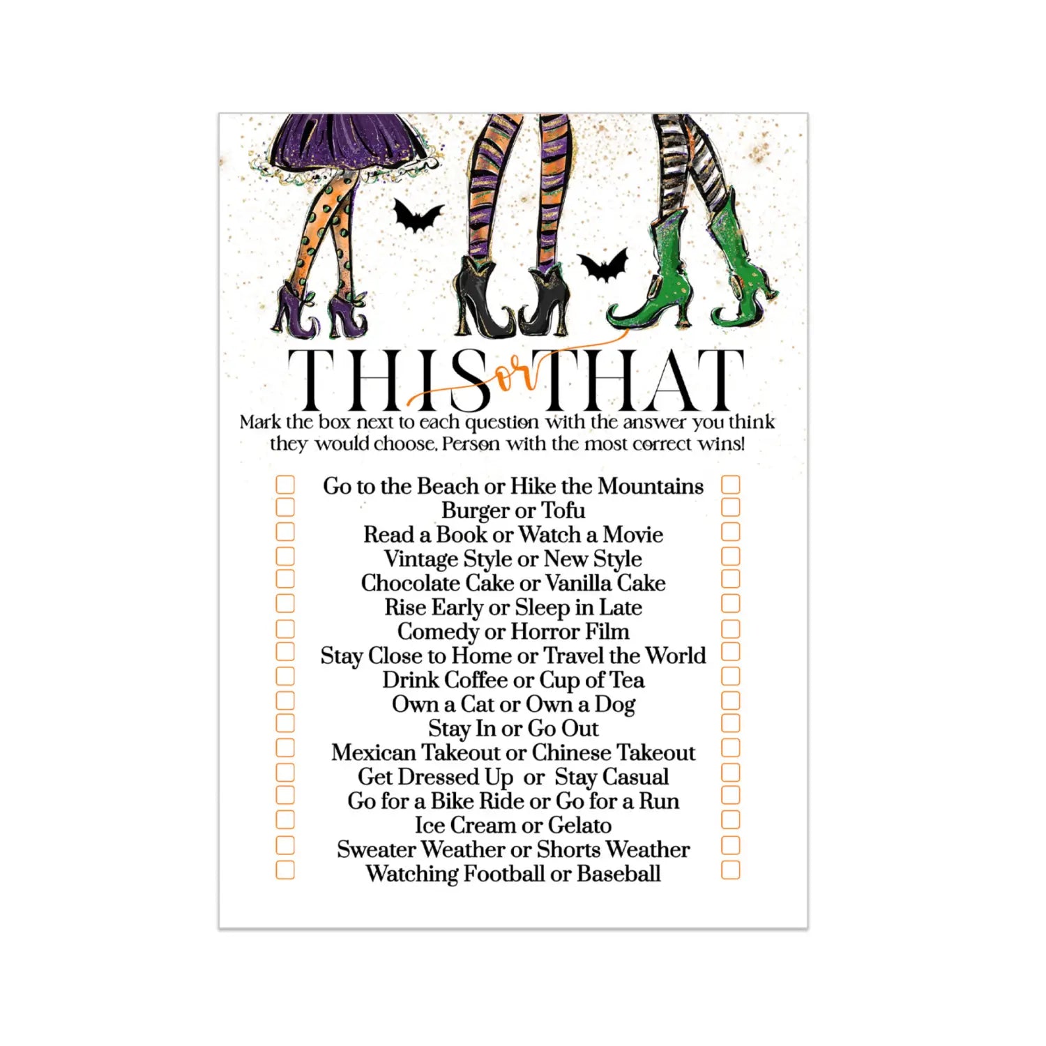 Witchy fun bridal shower game would she rather halloween birthday party activity wedding bride best witch 5x7 cards 25