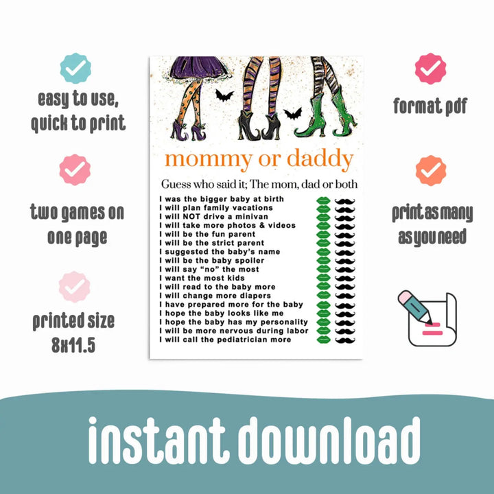 Witchy fun mommy or daddy baby shower game halloween gender reveal printable pdf - party games